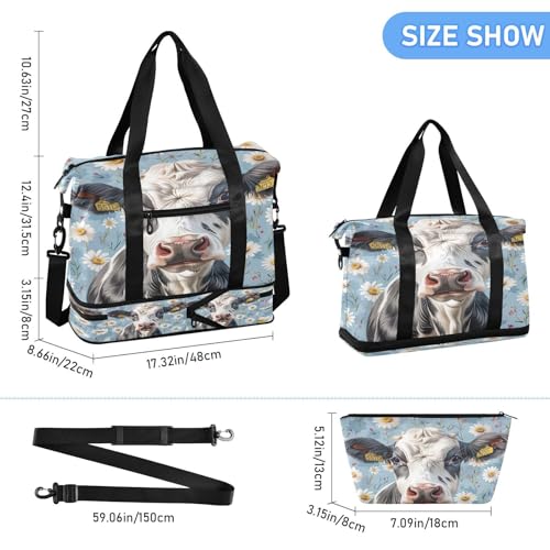 Cow and Daisy Flowers Gym Bag for Women Sport Travel Duffel Bag Shoulder Weekender Overnight Bags with Wet Pocket & Shoe Compartment3