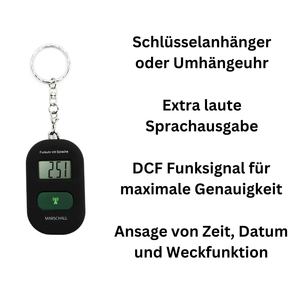 Marschall Schlüsselanhänger Deutsch sprechende Funkuhr I 1117S I Umhängeuhr Schwarz I Extra Laute Sprachausgabe I Großes LCD Display I Perfekt für Senioren, Blinde und Demenzkranke