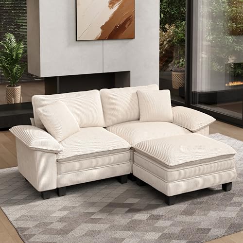 Image of HERA'S HOUSE 3-Seat L Shaped Modular Cloud Couch Sectional Sofa Ottoman | Modern 87.5 inch Couch, Beige, Wider Armrest, Comfy Deep Seat, Soft Corduroy Sofa for Living Room