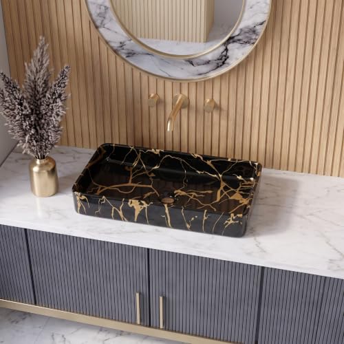 Image of Marble Ceramic Tabletop Wash basin | Countertop Vessel Sink | Wash Basin over counter For Bathroom Hotel Home | Bathroom Sink (24 x 14 x 5 Inch) (Black Gold Jelly)