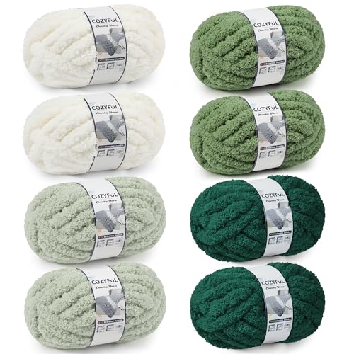 Cozyful Chunky Yarn for Hand Knitting - #10 Chunky Chenille Yarn Jumbo Big Thick Chunky Yarns for Crocheting Super Bulky Chunky Knit Blanket Yarns 8 Skein (22yd 8oz/Skein) Cream & Multi Green