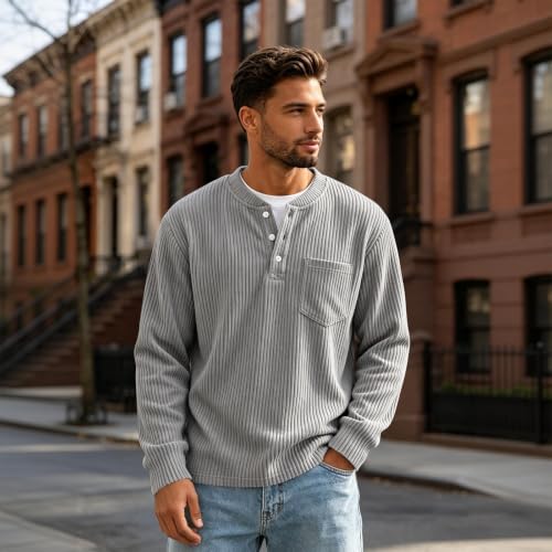 Long Sleeve Henley T Shirts for Men Big and Tall Classic Y2k Shirts Vintage - image 3
