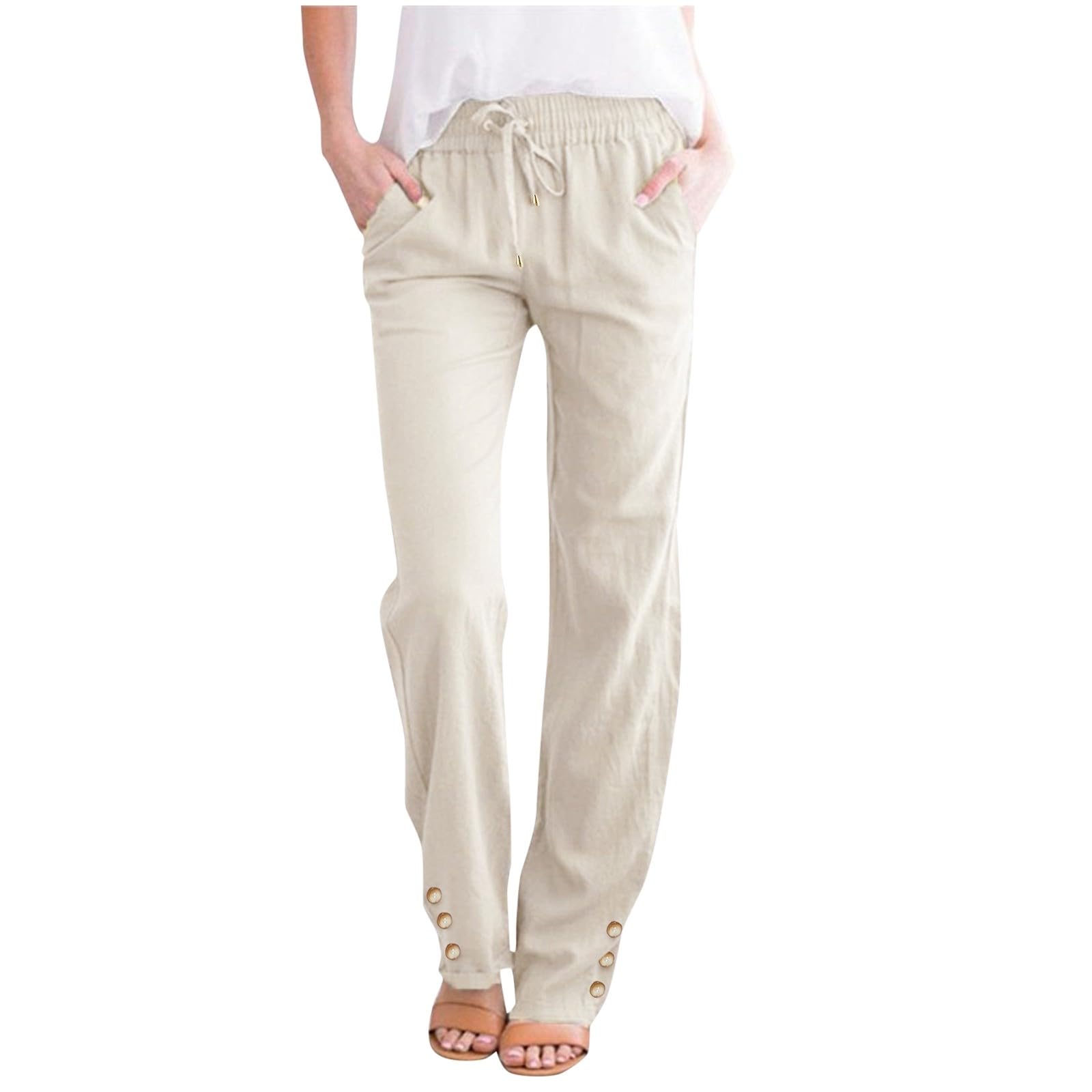 Pantalon En Lin Femme 7/8 - Taille élastique Avec Cordon - Coupe Fluide Et Confortable - Idéal Pour L'été