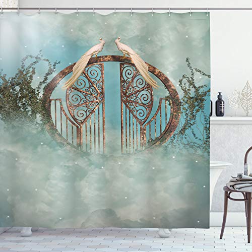 Ambesonne Fantasy Shower Curtain, Heaven Like Scene of an Old Gate Greenery Birds Stars and Misty Weather in The Sky Art, Cloth Fabric Bathroom Decor Set with Hooks, 69' W x 84' L, Turquoise Aqua