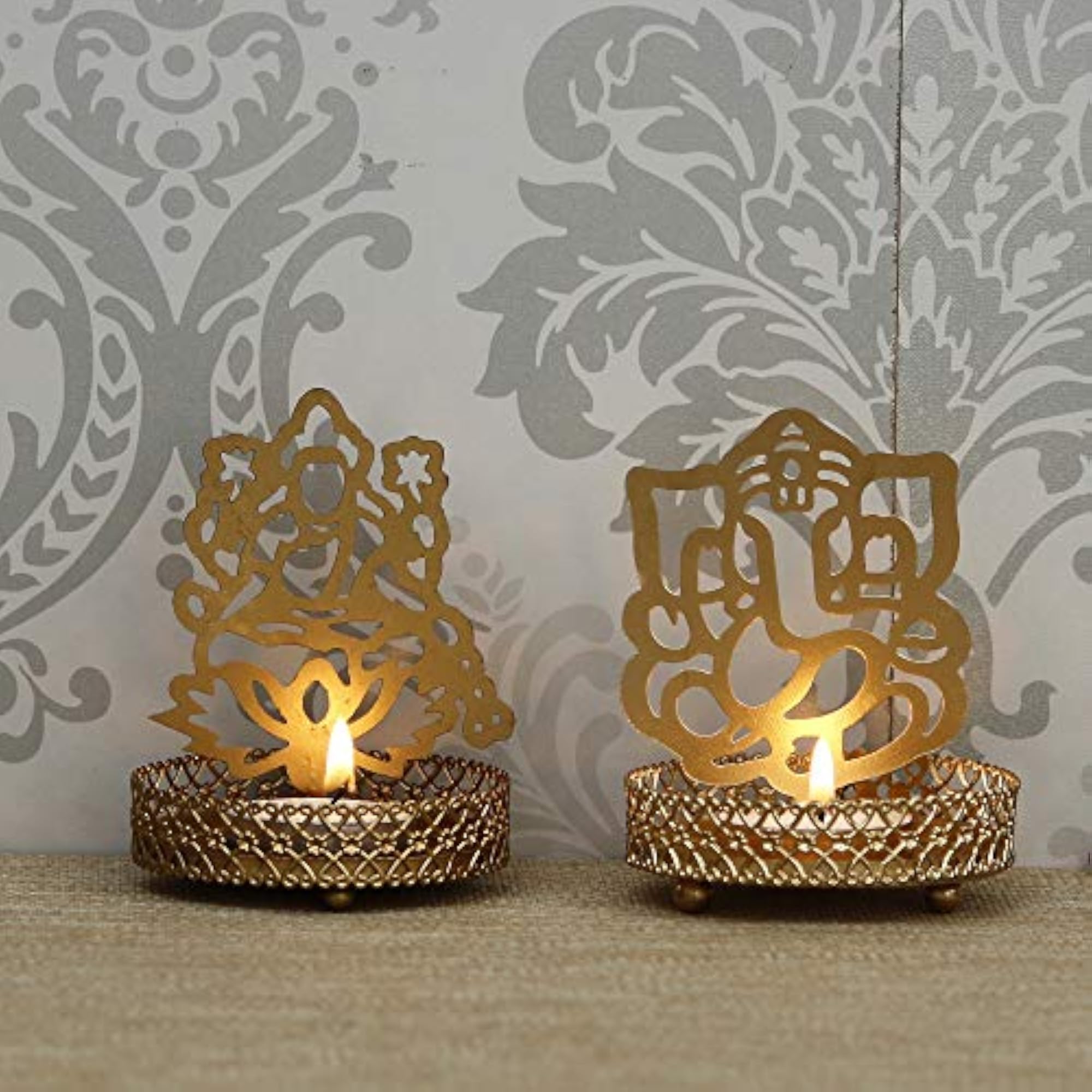 Set of 2 Metal Lord Ganesha and Goddess Lakshmi Shadow Tea Light Holders