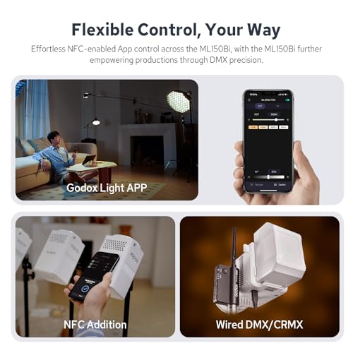 Image of Godox ML150Bi Bi-Color COB LED Video Light 150W, 61054Lux@1m, 2800K-6500K, 11 FX, Compact COB LED Continuous Output Lighting for Studio & Outdoor Shooting, APP /DMX /RDM Control, Handheld LED Monolight