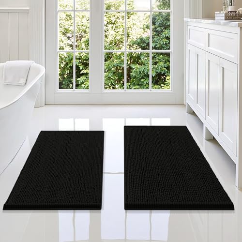 Image of Smiry Bathroom Rugs Sets 2 Piece, Soft Absorbent Chenille Machine Washable Non Slip Shaggy Bath Rug Set for Tub, Shower, and Floor (34x21+30x20, Black)