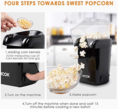 Hot Air Popcorn Popper, AICOK 1200W Fast Popcorn Maker with Measuring Cup, Easy to Clean, Oil-Free & Low-Fat, Black - Thumbnail 6