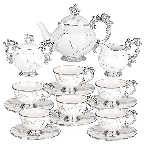 Servizio da Te Porcellana 15 Pezzi - Teiera con Tazza e Piattino per 6 Persone - Vintage Set Tazzine Caffè con Lattiera e Zuccheriera - Servizio Caffe Tè Inglese per Casa e Regalo