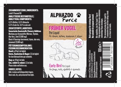 alphazoo Magen-Darm Liquid Früher Vogel 100 ml – Natürliche Unterstützung der Magen-Darm-Funktion für Hunde & Katzen – Mit Saponinen & Bitterstoffen – Fördert Verdauung & gesundes Darmmilieu
