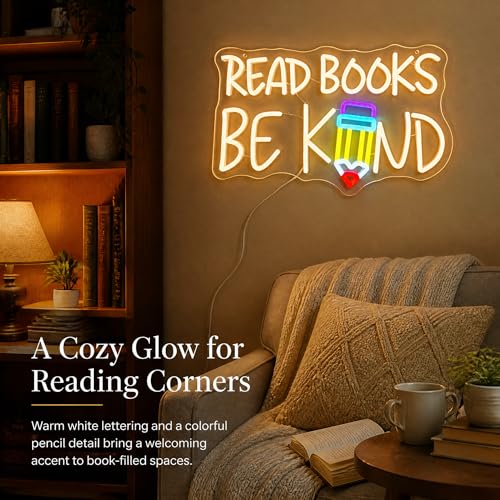 Image of inchRead Books Be Kind inch Classroom LED Neon Sign | 16.5 inch x 10.4 inch, Pencil Wall Decor, Inspirational Quote Light, Library Classroom Study Room Home Office
