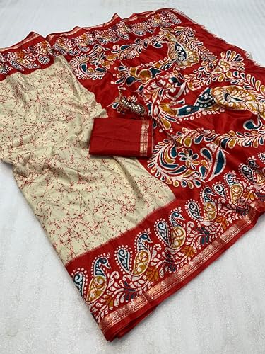 Image of Kashmiri Print Tussar Silk Saree for Women with Unstitched Blouse Piece for All Occasions