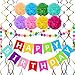 Rainbow Colorful Birthday Decorations, Happy Birthday Banner with Pom Poms Paper Circle Garland Swirl Streamers for Girls Women Party Supplies