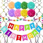 Rainbow Colorful Birthday Decorations, Happy Birthday Banner with Pom Poms Paper Circle Garland Swirl Streamers for Girls Women Party Supplies