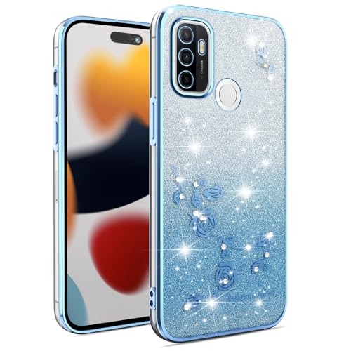 ILING Ragazza Cover per OPPO A53S / OPPO A53, Colorato Custodia con Elegante Pattern di Rose, Brillantini Strass, Ultrasottile Morbido Silicone TPU Bumper Antiurto Case (Blu)
