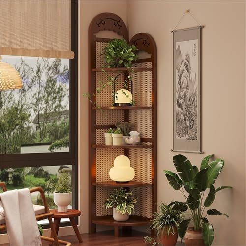 Natural 5-Tier Fan-Shaped Corner Shelf, Imitation Rattan Display Rack with Legs, Perfect for Living Room & Study, Stylish Corner Bookcase Organizer