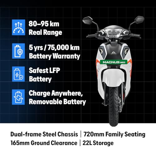 Image of Ampere Magnus Neo Electric Scooter by Greaves | 118 km IDC Range | Safe LFP Battery with 5-Year / 75,000 km Warranty | Colour : Galacial White