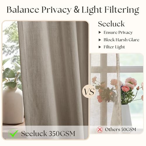 Image of Extra Wide Taupe Pinch Pleated Semi Sheer Linen Curtains for Living Room | Grey Beige, 70 inch wide Floor To Ceiling 120 inch Extra Long, Light Filtering Privacy, Glass Door, Faux Textured, Hook Rings
