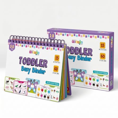 Image of Toddler Busy Binder | Toddler Busy Binder for 1-4 Years | Montessori Quiet Book for 1-4 Year Old | Travel-Friendly Educational Toy | Velcro Binder - Animals, Colors, Shapes, Vegetables