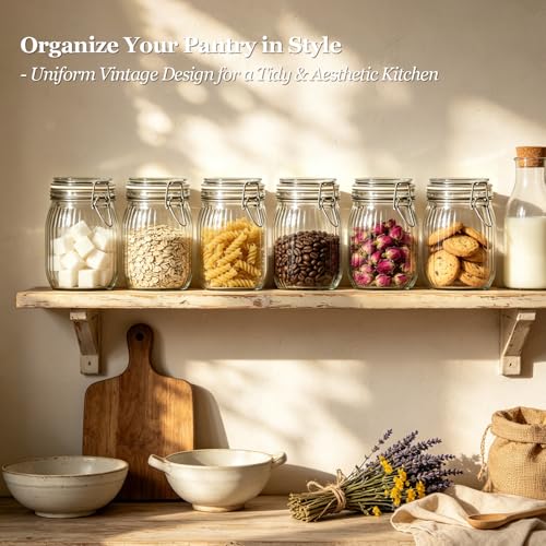 Image of ComSaf Ribbed Glass Storage Jars Airtight Lids 34oz 3 Pack Pantry Flour | BPA-free food-grade glass, ribbed texture, bulk flour & rice, pantry organization, kitchen canister set