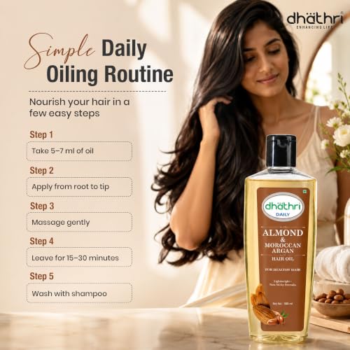 Image of Dhathri Almond & Moroccan Argan Hair Oil with Vitamin E | Helps Reduce Hair Breakage & Strengthen Hair | Non-Greasy, Paraben-Free Formula for Hair Nourishment & Shine | for All Hair Types, 300ml