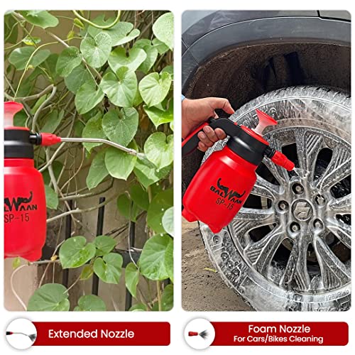 Balwaan SP-15 3 in 1 Manual Sprayer with 1.5 Litre Tank Capacity | Used for Spraying Water, Pesticides, Gardening, Glass cleaning, Air conditioning cleaning, Car and bike washing, Water soluble fertilizers, table cleaning | Foam Washer for Vehicles, Home & Kitchen | Get Free 3 Nozzles (Rotating Nozzle, Foam Nozzle, Extended Nozzle)