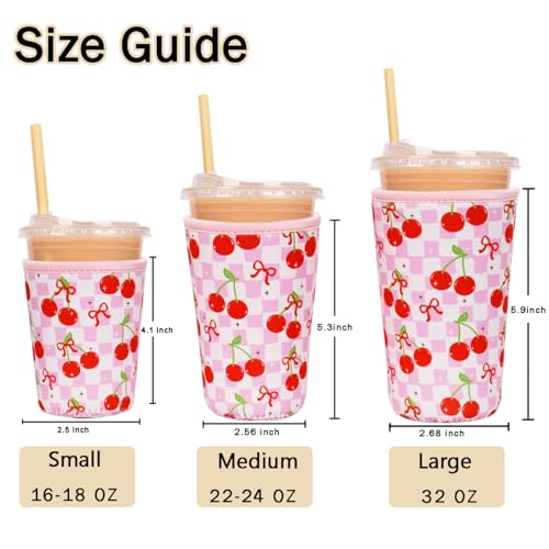Image of Reusable Insulated Sleeve for Iced Coffee Cup, Coffee Neoprene Sleeve for Cold & Hot Drinks, Beverage Holder for Iced Coffee (Cherry Gleam, Medium: 22-24oz)