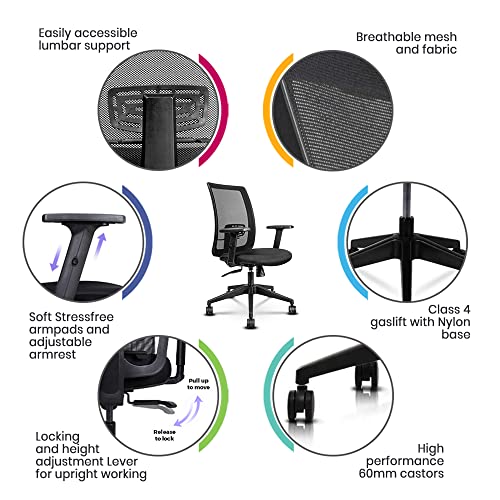 Image of Wipro Breathe Mid Back Mesh Ergonomic Home & Office Chair (Black) with Adjustable armerst, Nylon Base and Nylon Castors, BIFMA Compliant