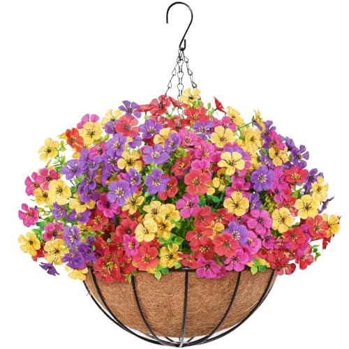 Lifewit 12 Bundles Artificial Hanging Daisy Flowers Baskets for Outdoor Decor, Plastic Fake Flowers for Indoor Garden Porch Patio Balcony, Mix for Fuchsia Purple Yellow Red