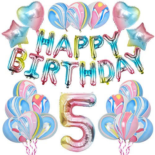 KUNGYO Rainbow 5th Birthday Party Decorations - Girls Birthday Party Supplies Include HAPPY BIRTHDAY Balloon Banner, Giant Number 5 Foil Balloon, Rainbow Star and Heart Balloon, Latex Balloons 28PCS