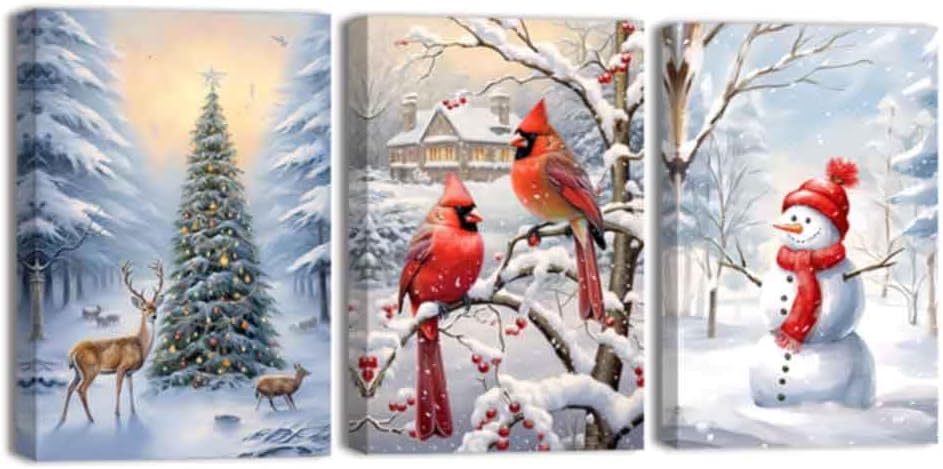 ZQQART 3 Pieces Christmas Canvas Wall Art Snowman Red Cardinal Christmas Tree Poster Prints Winter Snow Scene Painting Bedroom Wall Decor Framed(White,16.00"x24.00"x3Pcs) White 16.00"x24.00"x3Pcs