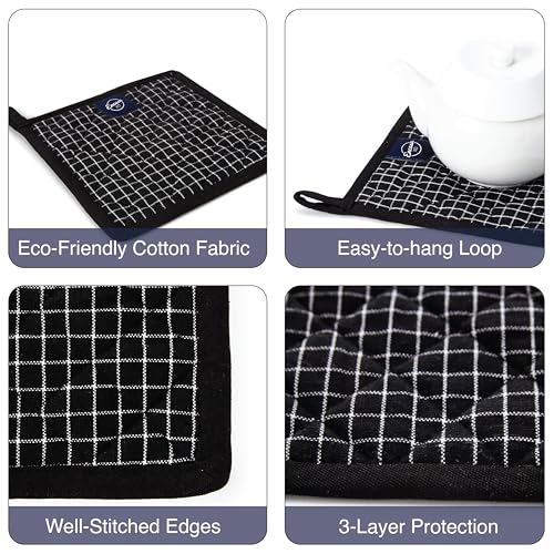 Image of Encasa XO Oven Microwave Pot Holders Trivets 21 cm (2 pc) for Kitchen Cooking & Baking - Heat Resistant, Thick & Safe, Protection of Hands from Hot Utensils, Grill, BBQ - Butcher Checks Black