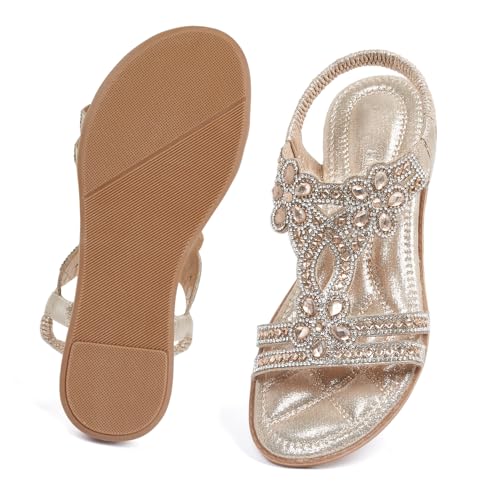 Image of iCKER Womens Rhinestone Strappy Flat Sandals Elastic Ankle Strap Open‑Toe | Sparkling,for wedding,party,evening dates,special occasion,Vacation,Formal