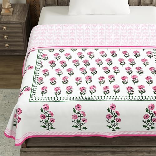 Image of BLOCKS OF INDIA Hand Block Printed Cotton Single Size Reversible Malmal Dohar for Summer (Pink Green BUTI)