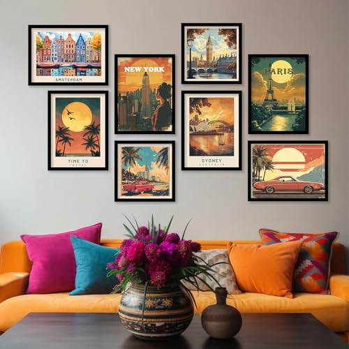 Image of kotart Retro Travel Theme City Vibes Wall Decor Photo Frames - Modern Art City Vibes Wall Decor Photo Frames - Wall Poster with Frame for Room Office Living Room Hotel Home Decor Set of 8 (Art 3, Big(13x17 or 13x13 inch), Framed)