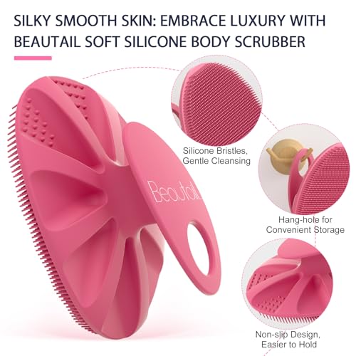 Image of Silicone Body Scrubber Shower Bath Wash Brush Gentle Exfoliating Scrub Cleansing Loofah for Women Men Baby Sensitive Skin, Easy to Clean, Lather Nicely, More Hygienic, 1 Pack, Pink