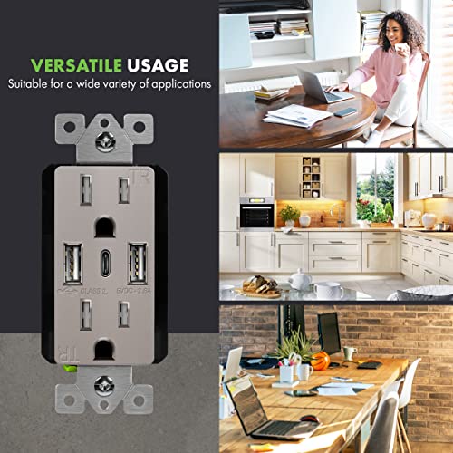Topgreener Usb Outlet, 3-Port Type C Usb Wall Outlet, 15 Amp Tamper-Resistant Receptacle Plug, Charging Power Outlet With Usb Ports, Ul Listed, Tu21536Ac3-Nk, Nickel With Wall Plate #TOP6