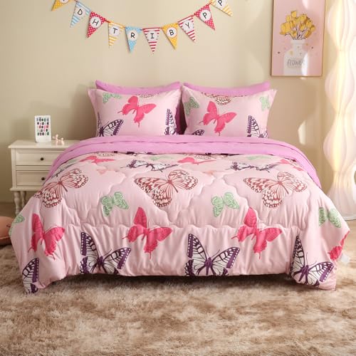 Image of Pink Girls Butterfly Bedding Set Full Size 7 Piece Glow in The Dark Butterfly Comforter with Sheets & Pillowcases Soft Microfiber Bed in A Bag for Kids Teens All Season