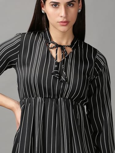 Image of SHOWOFFFF Women Stripe Print Fit and Flare Casual Dress | Round Neck 3 /4th Sleeves Satin Dress for Womens | Above Knee Dress for Women's