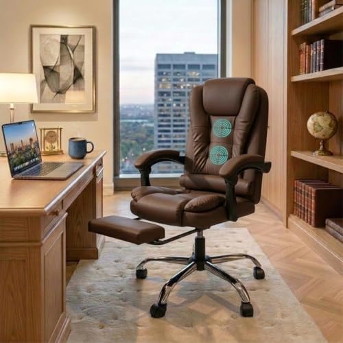 Image of Casa Copenhagen Italia Leatherette Office Chair for Work | Boss Chair, Ergonomic Executive, Luxurious Cushioned Arms & Seat, 2 Point Back Massager, Adjustable Leg Rest, Heavy Duty Metal Base(Brown)
