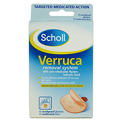 Scholl Verruca Removal System - 15 Waterproof Plasters & Medicated Discs with Salicylic Acid Targeted Action for Effective Verucca Removal