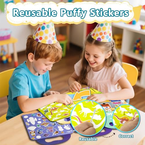 Image of Reusable Sticker Books for Toddlers 1-3, Puffy Stickers Book for Kids Ages 2-4, Toddler Travel Essential Activities Toys for Boy Girl Birthday Christmas - Vehicle, Space and Dinosaur (3 Set)