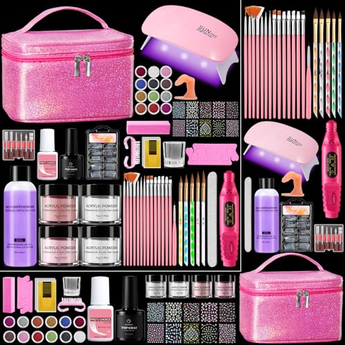 Kit d'ongles en acrylique pour débutants : 4 couleurs transparentes rose blanc nude poudre acrylique liquide avec lampe d'entraînement à doigts – Kit de...