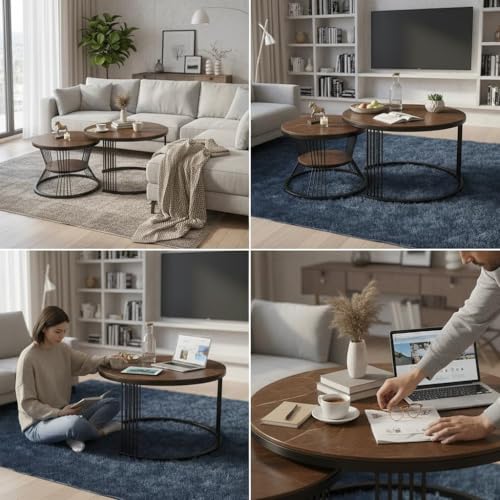 Image of RIZIK Store Iron Frame Handmade 20.5 inch x 20.5 inch Round Coffee Table /Nesting Table /Side Table /Center Table with Engineered Wood Top for Living Room /Drawing Room /Balcony (Brown Black)
