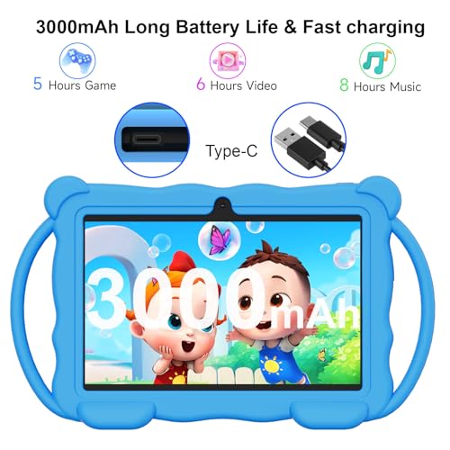 Image of Kids Tablet 7 inch Android 14.0 for Toddler, 4GB RAM 32GB ROM Bluetooth IPS Screen Google Play YouTube Parental Control Dual Camera Shockproof Case for Educational Games (Blue)