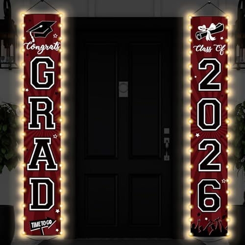 Image of 2026 Graduation Banners Lighted Decorations Class of 2026 Congrats Grad Porch Sign Banners with LED Light Welcome Hanging Door Decor Party Supplies for Indoor Outdoor(Maroon and Black)