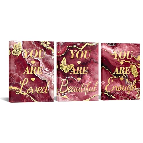 LevvArts Inspirational Wall Art You Are Loved You Are Beautiful You Are Enough Word Sign for Teen Girl Women Bedroom Motivaional Pictures Canvas Prints Red and Gold Decor (Red)