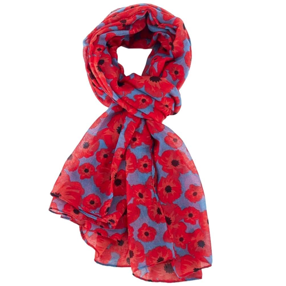 Purple Possum® Poppy Scarf Ladies Large Red Poppies Flowers Wrap Floral Print Grey Blue Shawl