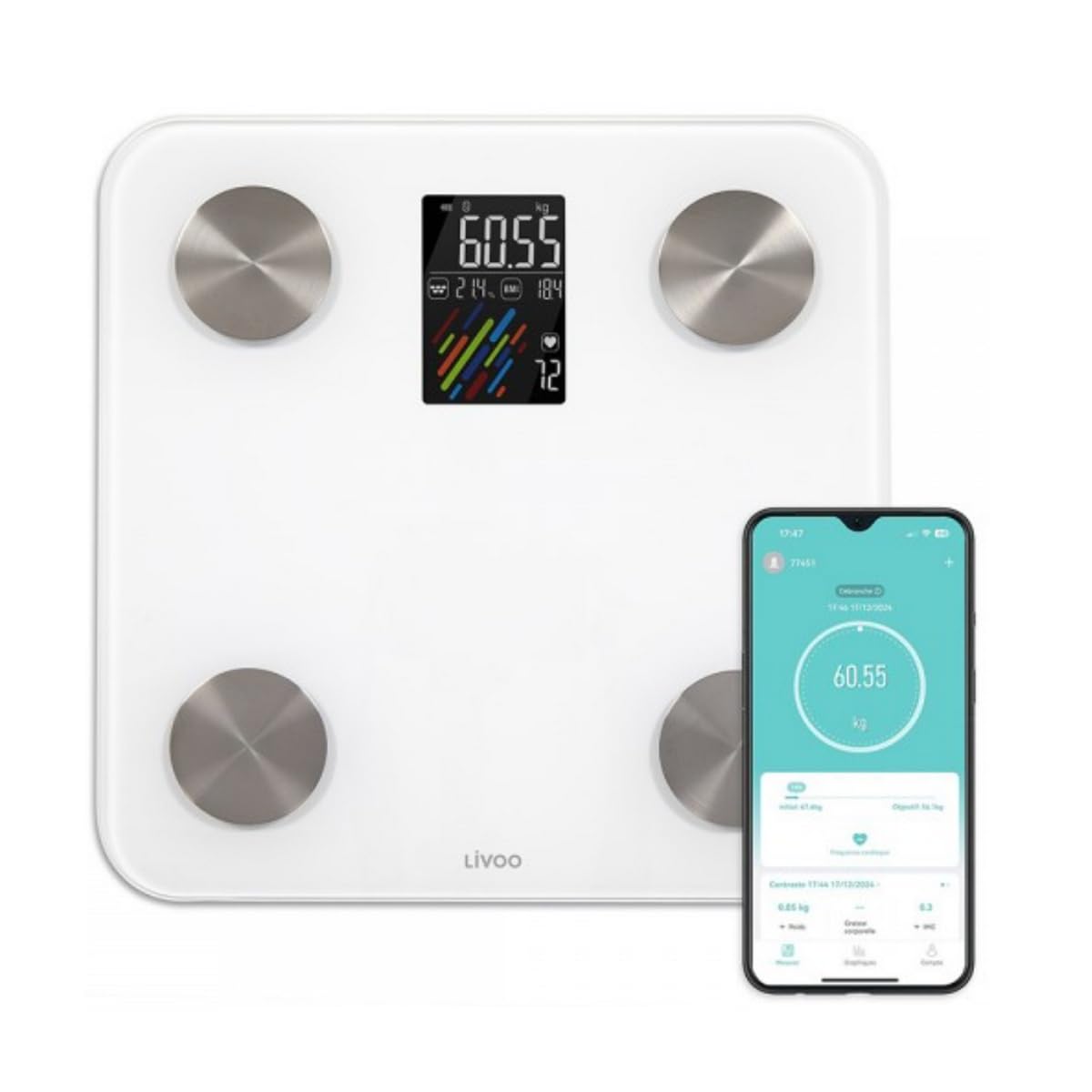 Livoo - Pèse-personne impédancemètre connecté DOM514-20 indicateurs corporels, jusqu'à 180kg, 8 mémoires utilisateur