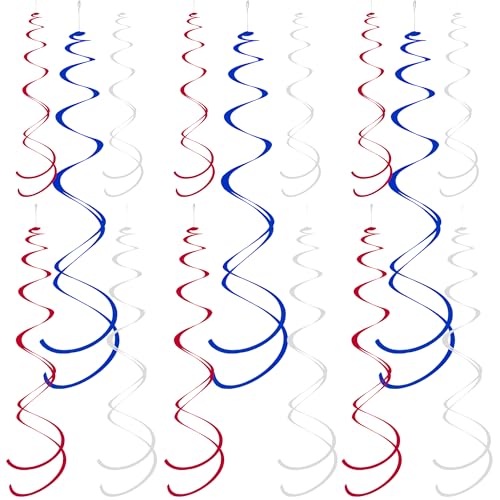 Image of Ceiling Swirl Foil Decorations Hanging Plastic Streamer Themed Swirl Party for 4th of July Graduation Celebration Labor Day, Pack of 28 (Blue Red and Sliver)